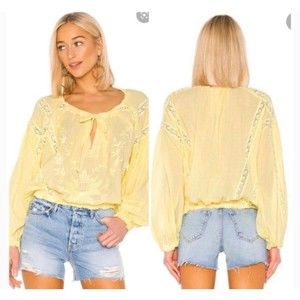 FREE PEOPLE Boho Floral Crochet Maria Lace Yellow Blouse
